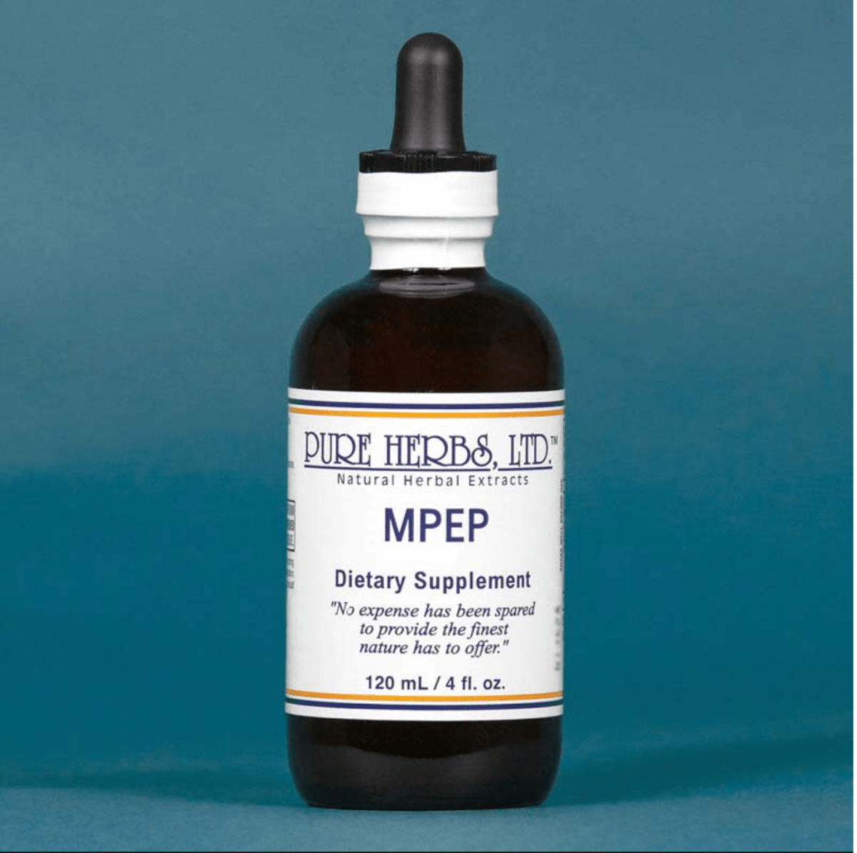 A 120 mL amber glass dropper bottle of Pure Herbs Ltd. MPEP dietary supplement, featuring a white label with blue and orange text, set against a solid teal-blue background.
