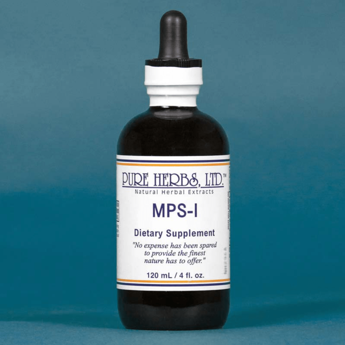 A 120 mL dark amber glass bottle of Pure Herbs, Ltd. MPS-I dietary supplement with a white and black dropper cap, set against a solid teal-blue background.