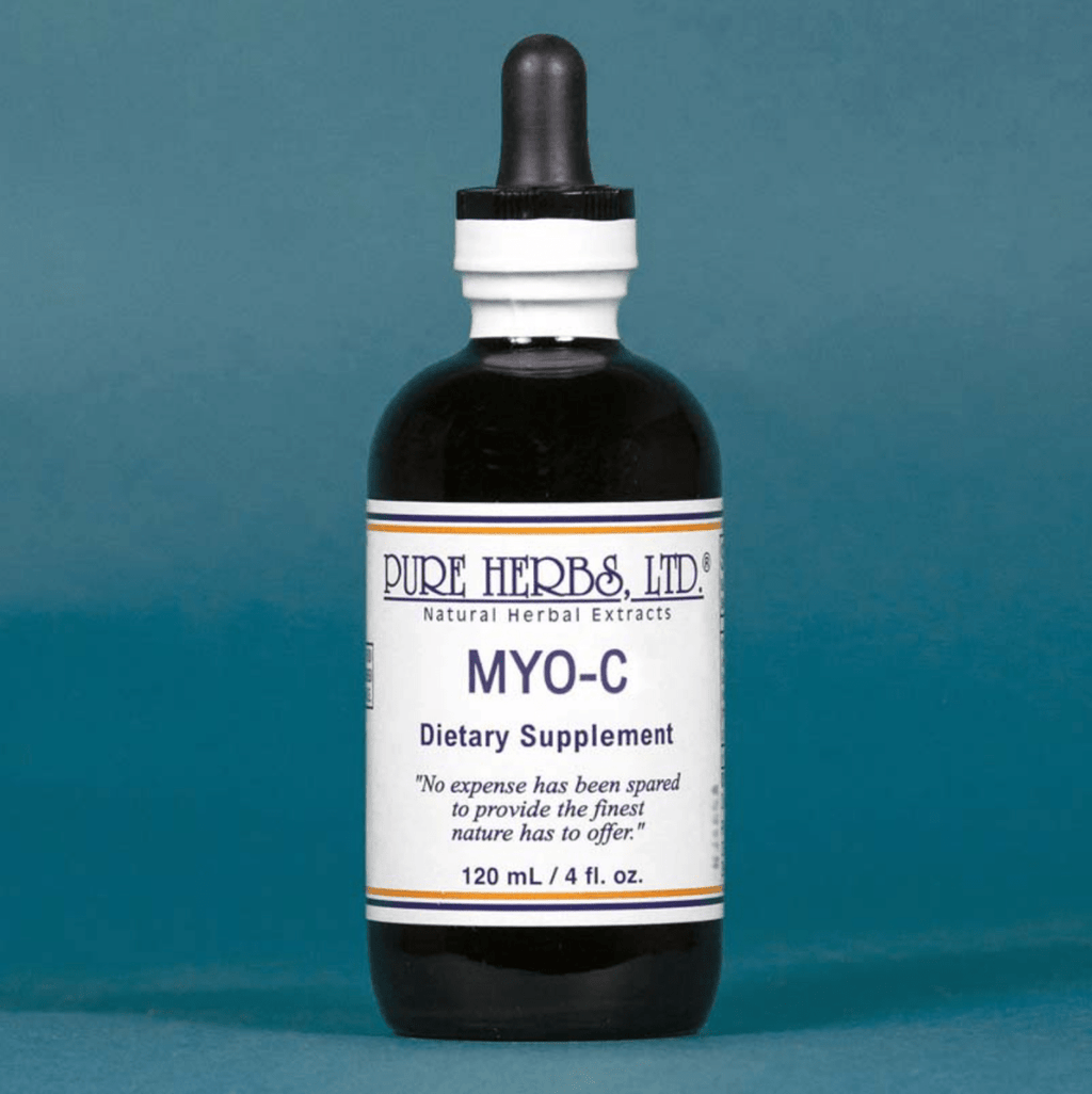A dark amber glass dropper bottle of Pure Herbs, Ltd. MYO-C dietary supplement, featuring a white label with blue and orange text, set against a solid blue background.