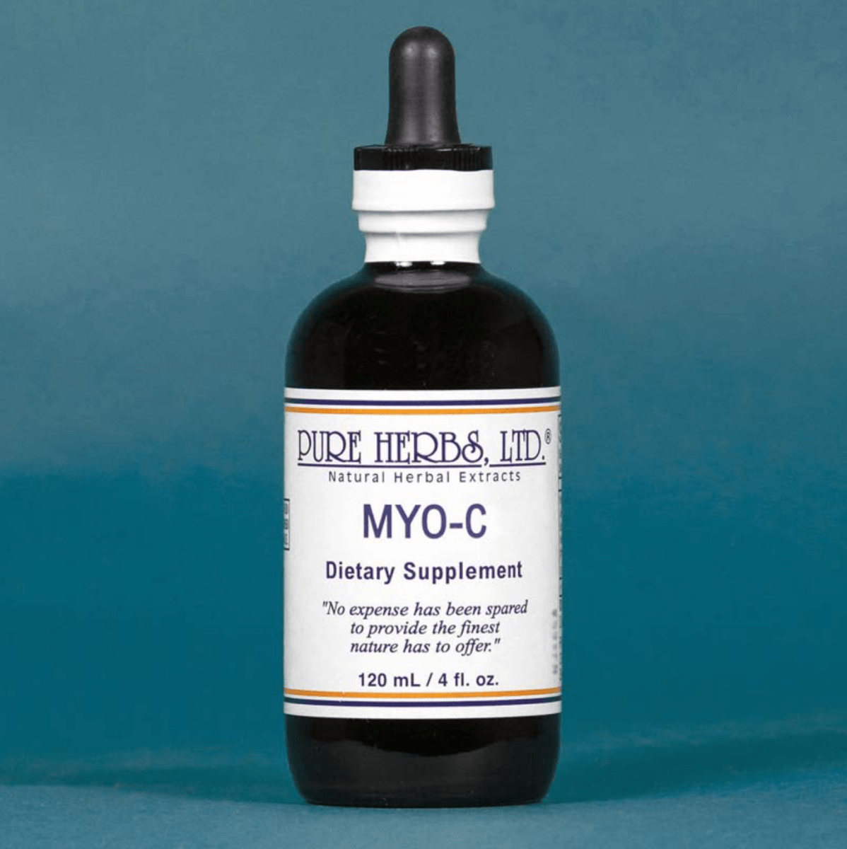A dark amber glass dropper bottle of Pure Herbs, Ltd. MYO-C dietary supplement, featuring a white label with blue and orange text, set against a solid blue background.