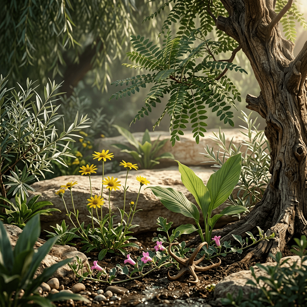 MYO-C botanicals in a rocky garden setting