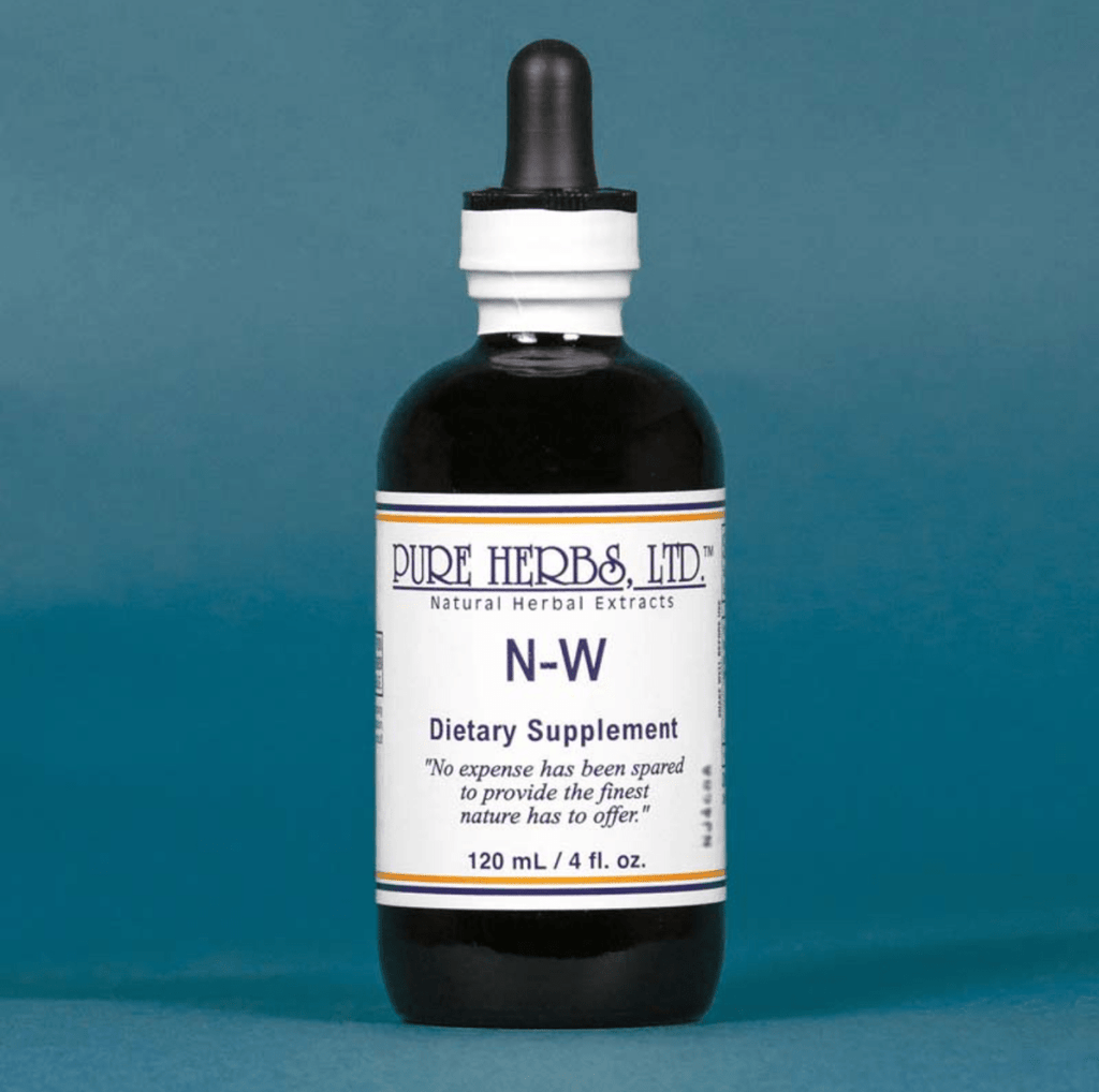 A 120 mL black glass dropper bottle of N-W dietary supplement by Pure Herbs, Ltd., featuring a white label with blue and orange text, set against a solid teal-blue background.