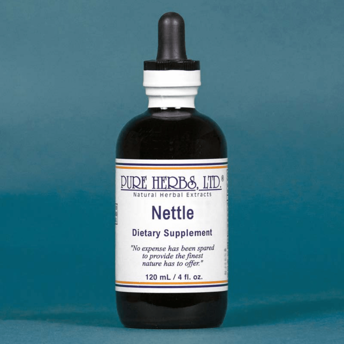 A 120 mL dark amber glass dropper bottle of Pure Herbs Ltd. Nettle Dietary Supplement, featuring a white label with blue text and a black dropper cap, set against a solid teal-blue background.