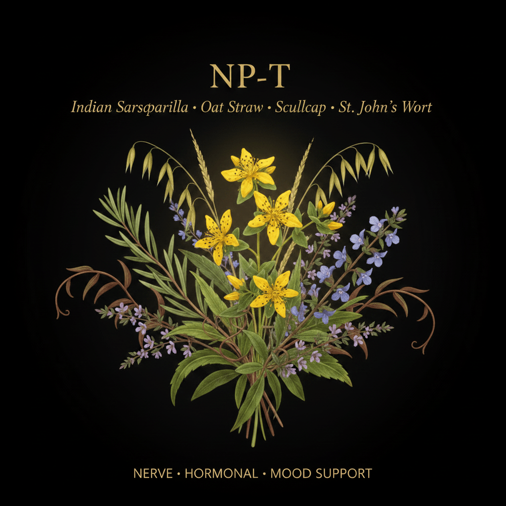 NP - T – Nerve, Hormonal & Mood Support | Indian Sarsaparilla, Oat Straw, Scullcap & St. John's Wort, Tincture, Futures ETC