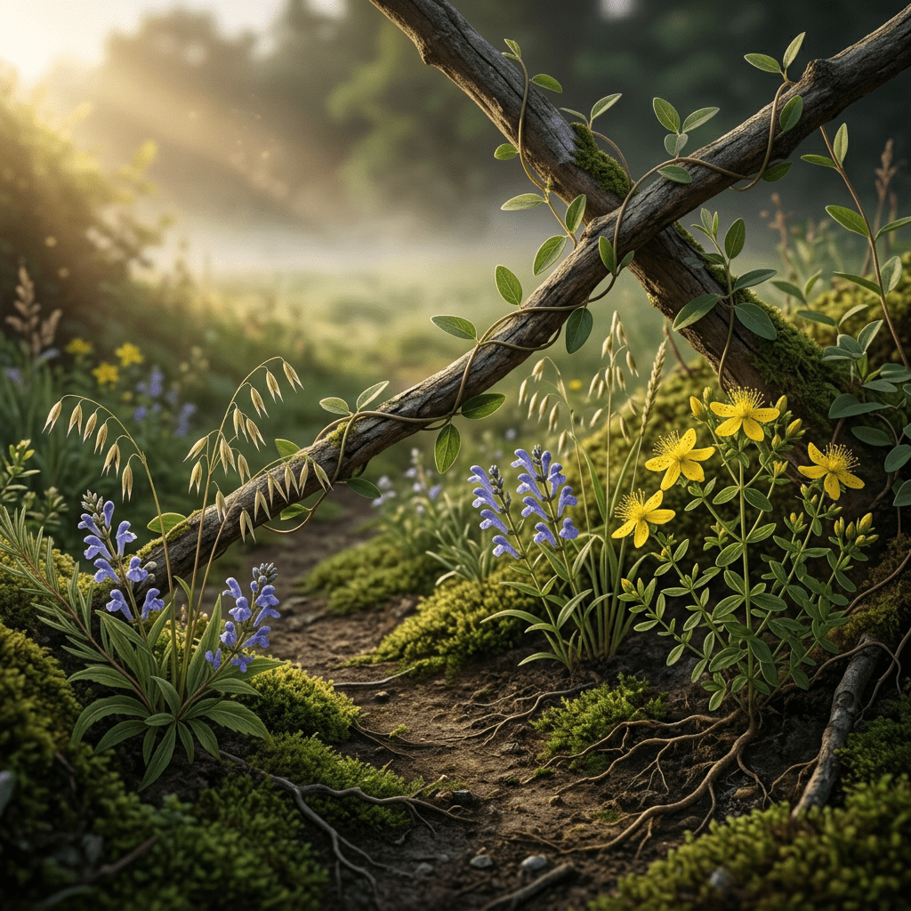 NP-T botanicals along a misty garden meadow
