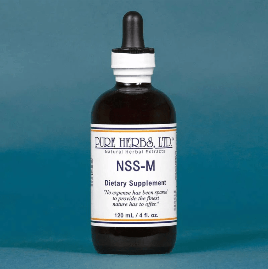 A 120 mL amber glass dropper bottle of Pure Herbs, Ltd. NSS-M dietary supplement, featuring a white label with blue text and a black dropper cap, set against a solid teal-blue background.