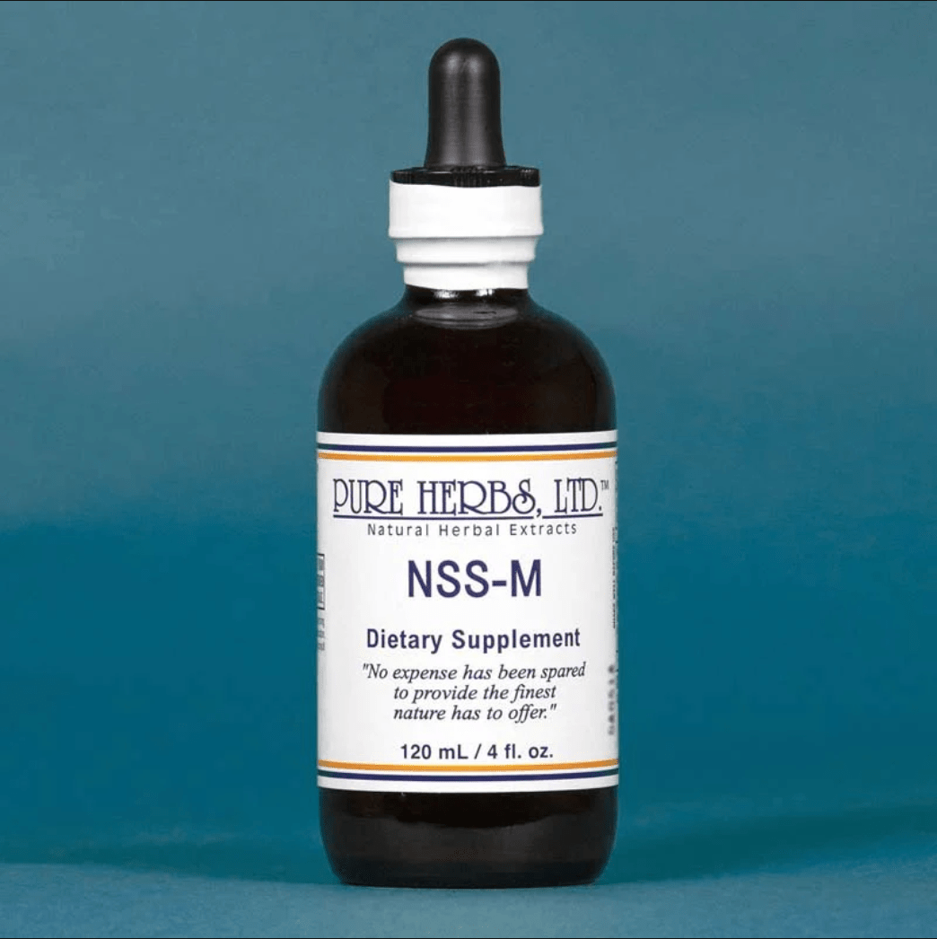 A 120 mL amber glass dropper bottle of Pure Herbs, Ltd. NSS-M dietary supplement, featuring a white label with blue text and a black dropper cap, set against a solid teal-blue background.