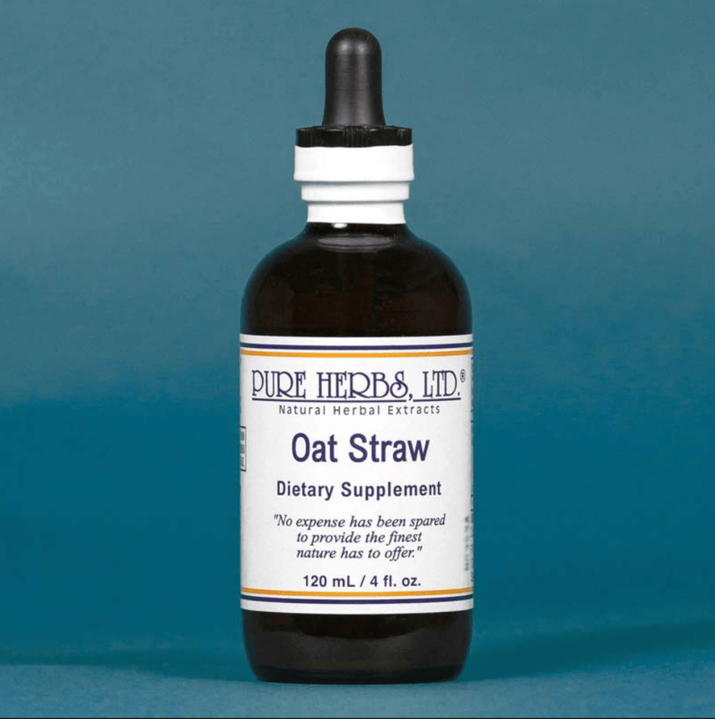 A 120 mL amber glass dropper bottle of Pure Herbs Ltd. Oat Straw dietary supplement, featuring a white label with blue text and a black rubber dropper cap, set against a solid teal-blue background.