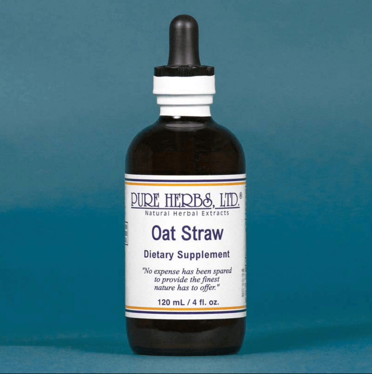 A 120 mL amber glass dropper bottle of Pure Herbs Ltd. Oat Straw dietary supplement, featuring a white label with blue text and a black rubber dropper cap, set against a solid teal-blue background.