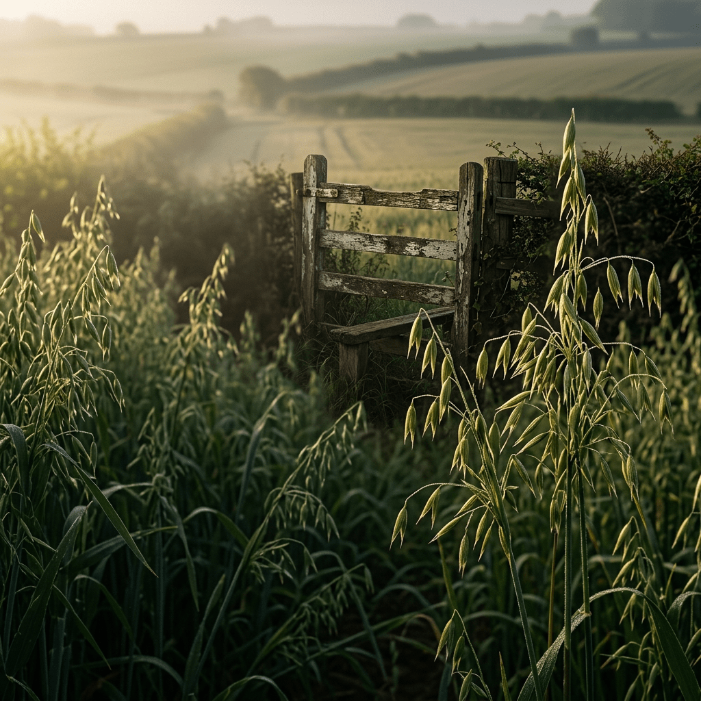 Oats growing beside a weathered stile in a misty field