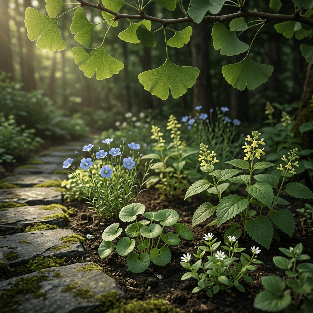 OC-M botanicals in a ginkgo-shaded garden