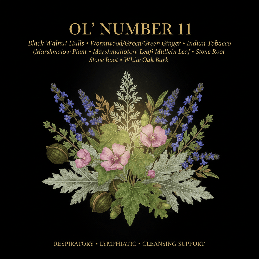 Ol' Number 11 (Black Walnut Hulls, Green Ginger, Indian Tobacco, Marshmallow, Mullein Leaf, Scullcap, Stone Root, White Oak Bark), Tincture, Futures ETC