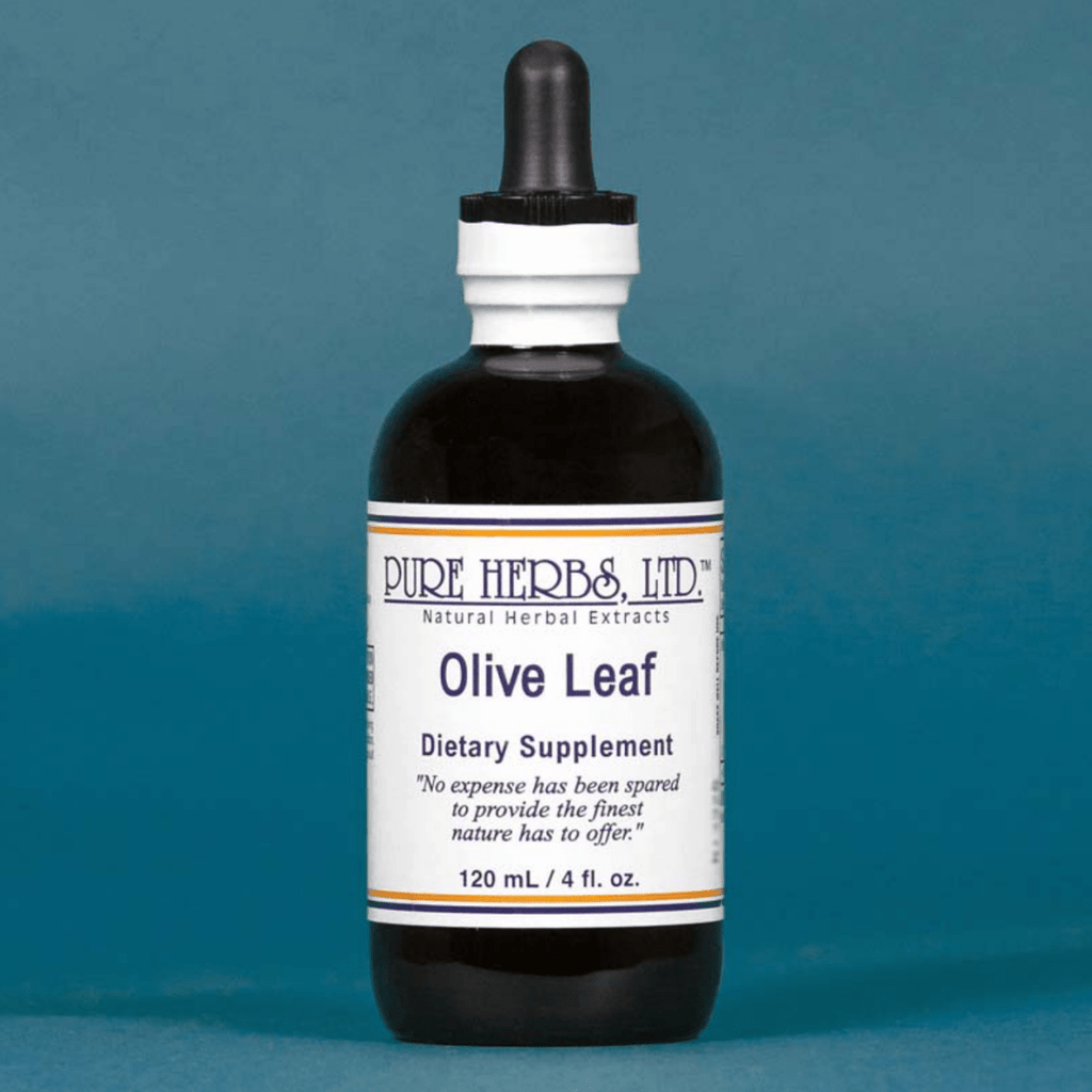 A 120 mL bottle of Pure Herbs Ltd. Olive Leaf dietary supplement, featuring a dark amber glass bottle, white label, and black dropper cap, set against a solid blue background.