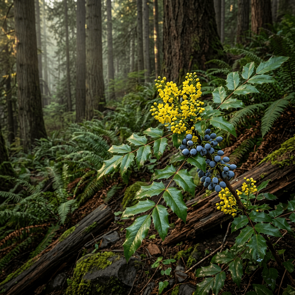 Oregon grape on a fern-filled forest slope
