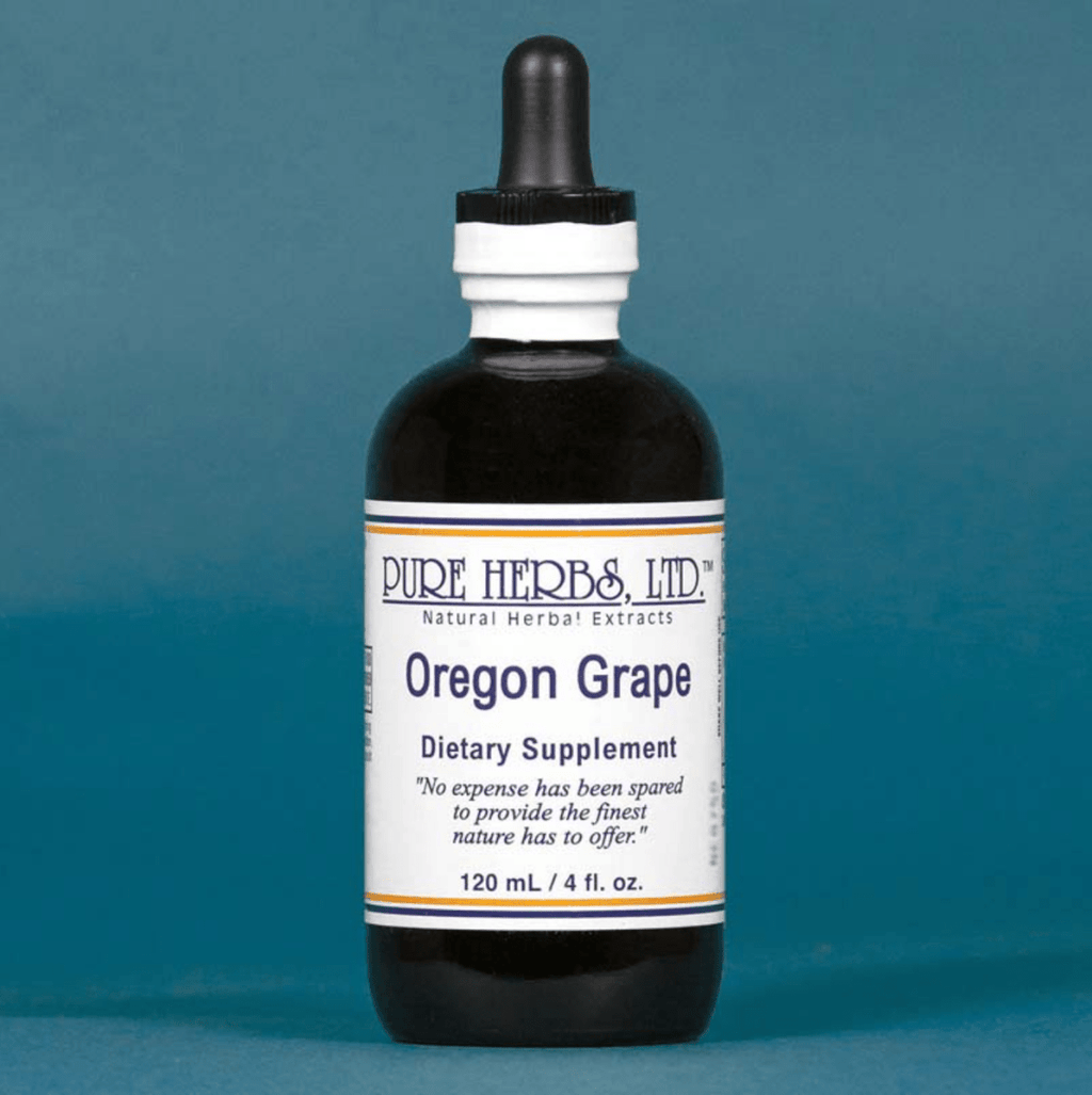 A bottle of Pure Herbs, Ltd. Oregon Grape dietary supplement, featuring a dark amber glass bottle with a black dropper cap and a white label, set against a solid blue background.