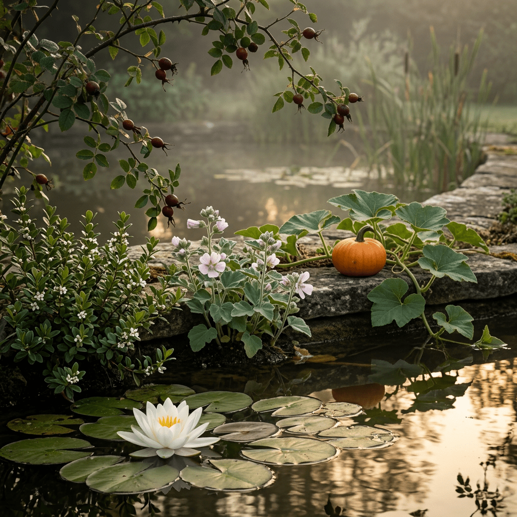 P-W botanicals growing beside a misty garden pond