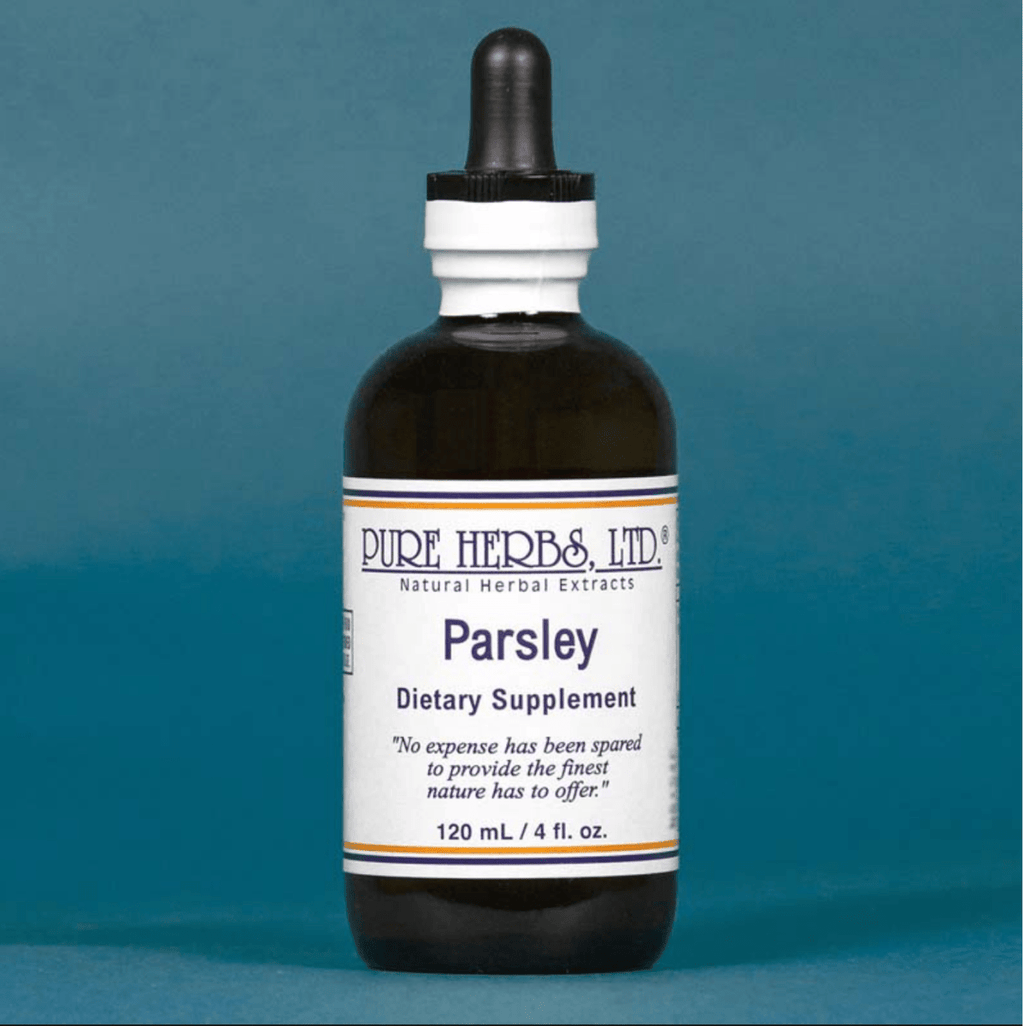 A 120 mL amber glass dropper bottle of Parsley dietary supplement by Pure Herbs Ltd, featuring a white label with blue text and a black dropper cap, set against a solid teal-blue background.