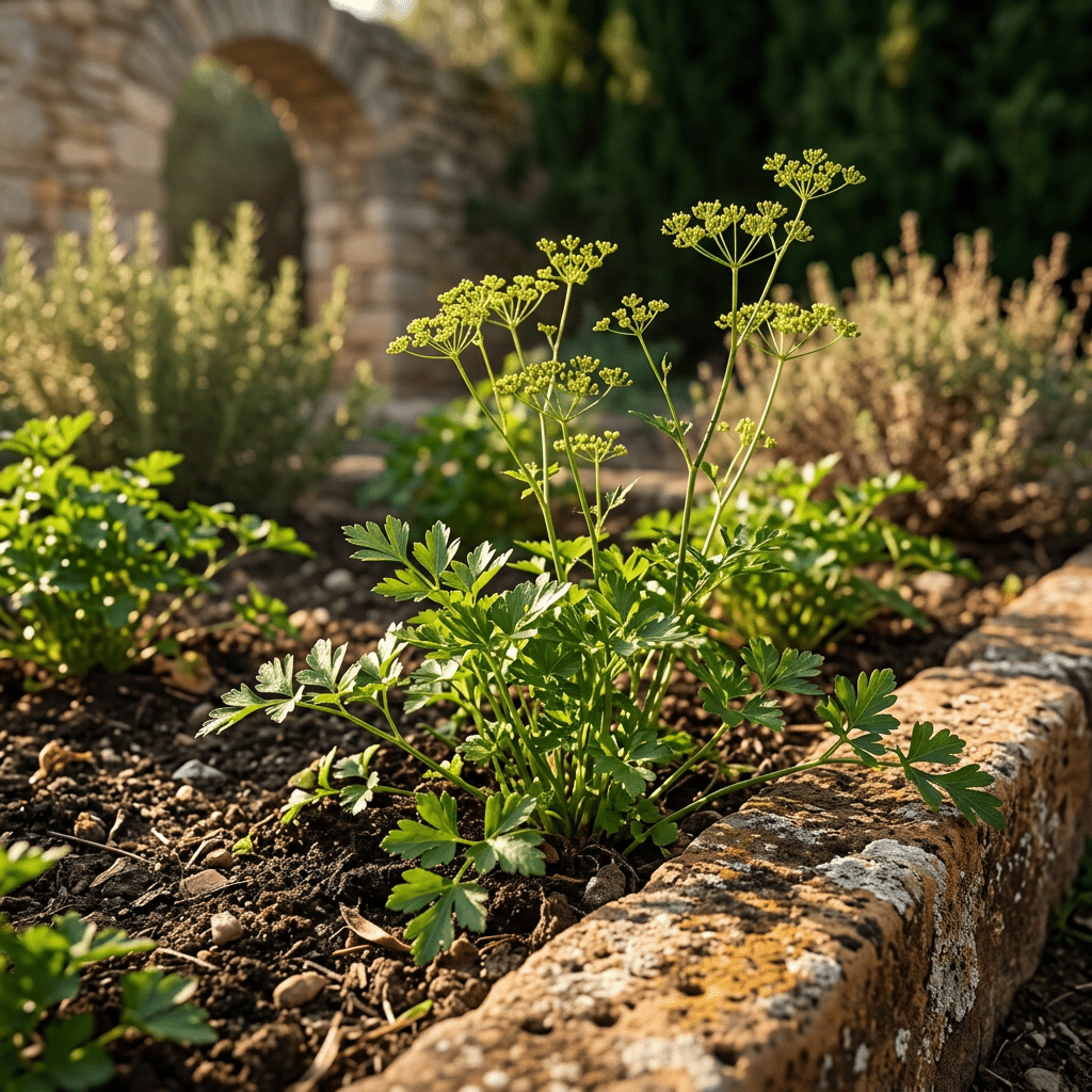 Parsley growing in a Mediterranean garden bed