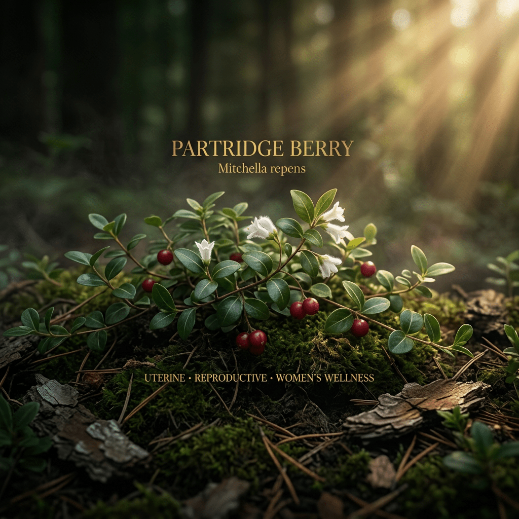 Partridge berry editorial image in golden woodland light