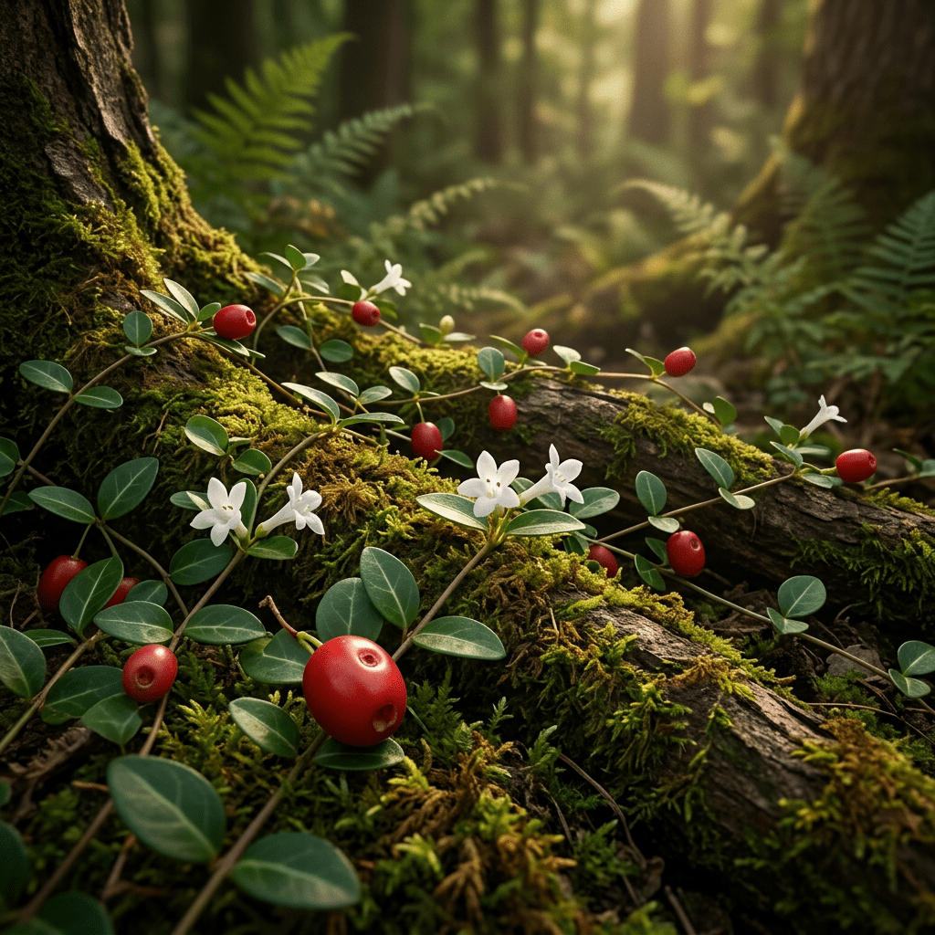 Partridge berry spreading naturally over mossy woodland roots