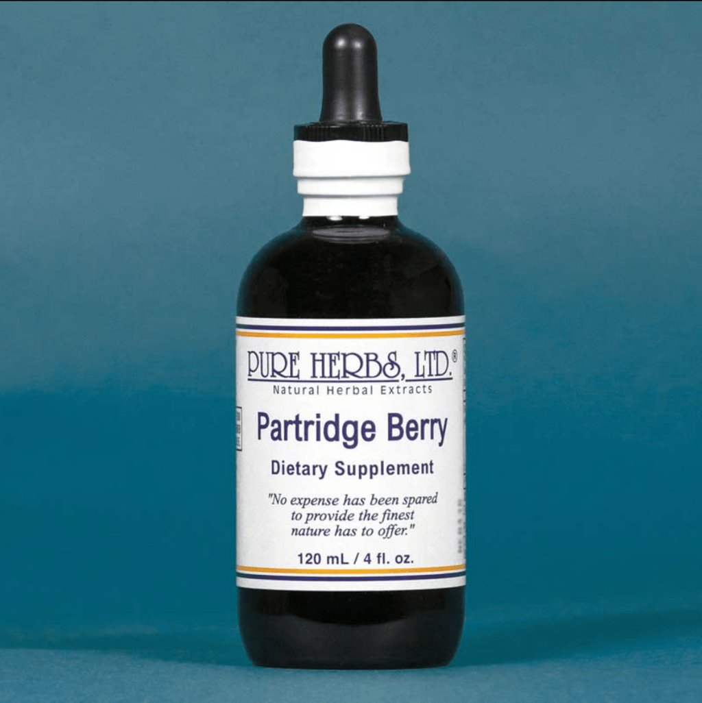 A bottle of Pure Herbs, Ltd. Partridge Berry dietary supplement with a black dropper cap and white label, set against a solid blue background.