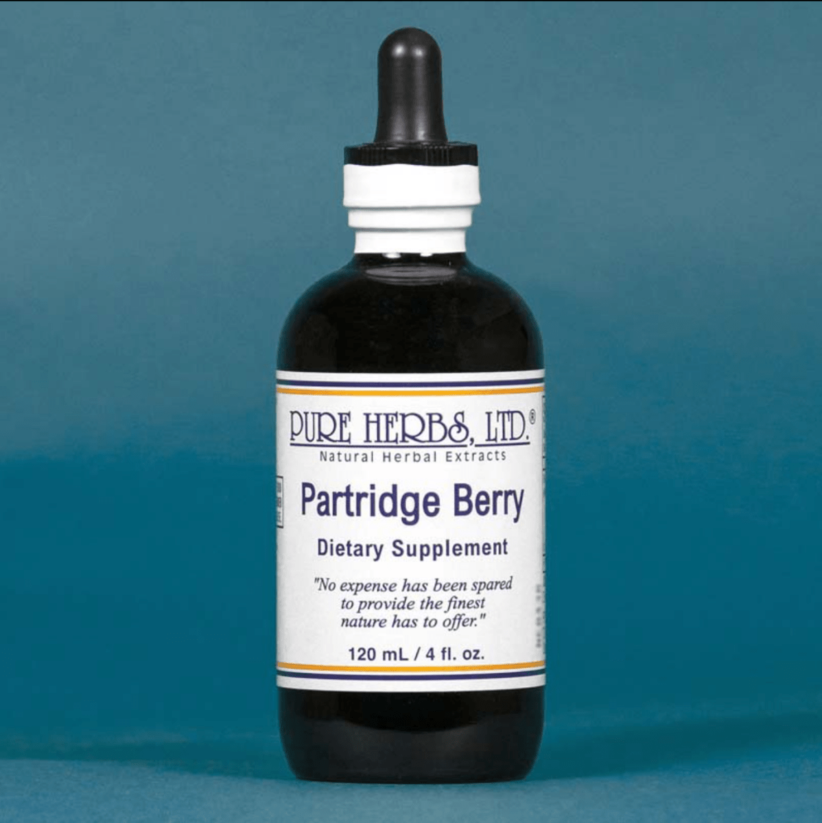A bottle of Pure Herbs, Ltd. Partridge Berry dietary supplement with a black dropper cap and white label, set against a solid blue background.