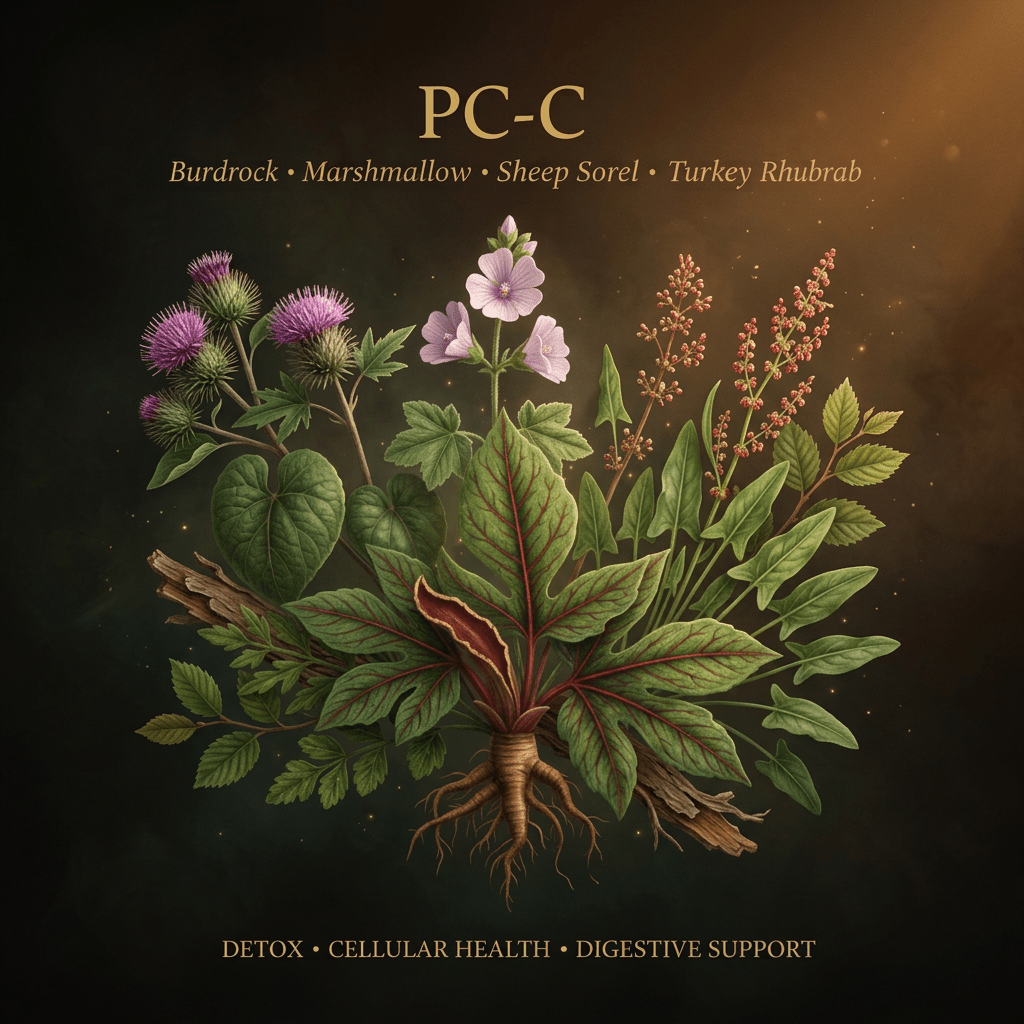 PC-C botanical editorial image with gold serif text
