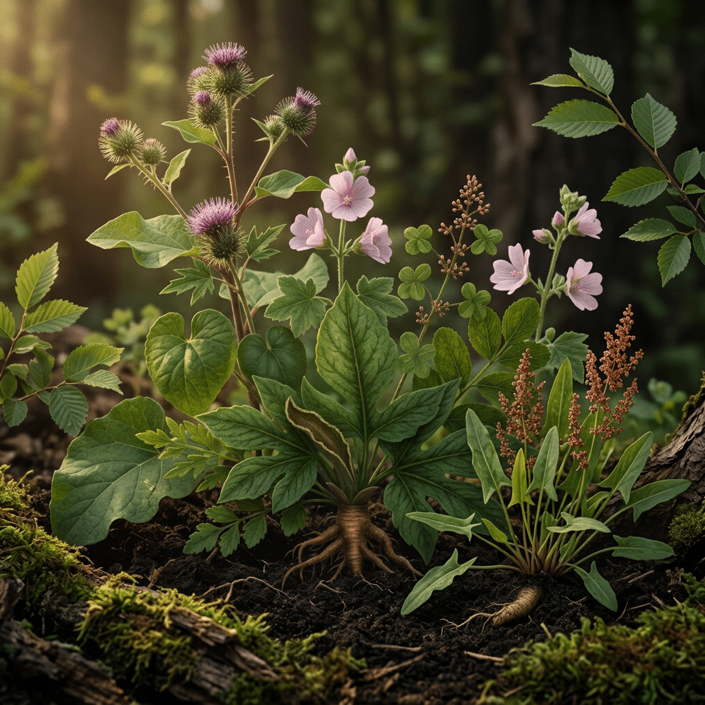 PC-C botanicals combined in a moody woodland garden