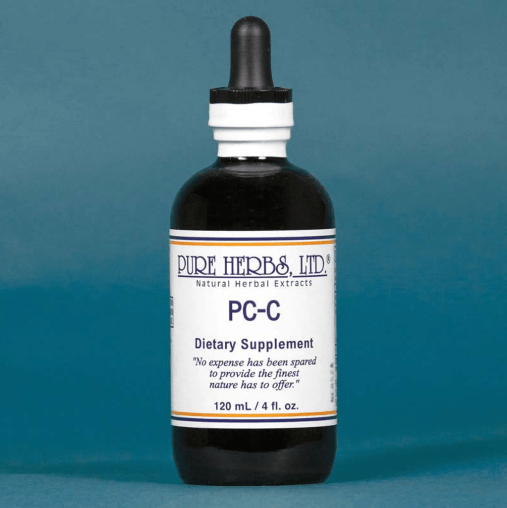 A 120 mL bottle of Pure Herbs, Ltd. PC-C dietary supplement, featuring a dark amber glass bottle, white label, and black dropper cap, set against a solid teal-blue background.