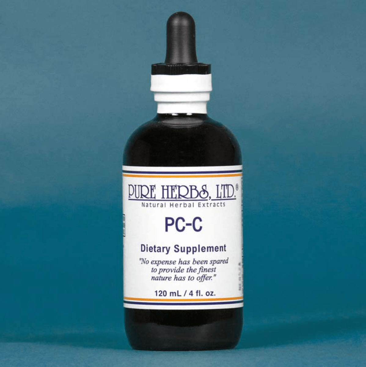 A 120 mL bottle of Pure Herbs, Ltd. PC-C dietary supplement, featuring a dark amber glass bottle, white label, and black dropper cap, set against a solid teal-blue background.
