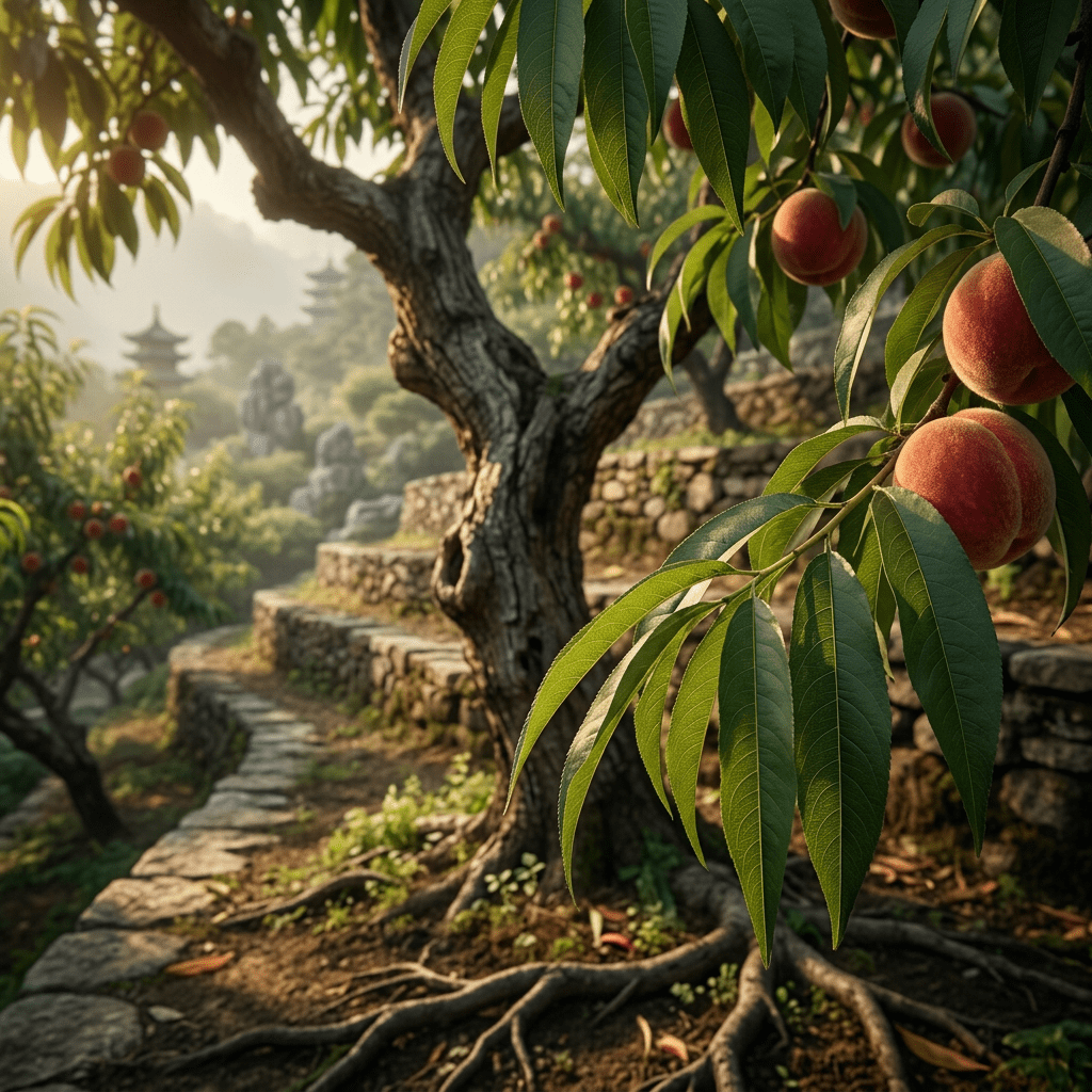 Peach foliage along a terraced orchard path