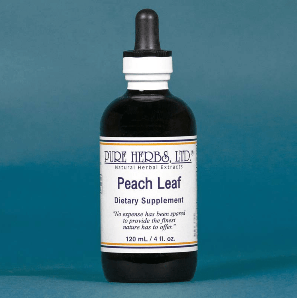 A bottle of Pure Herbs, Ltd. Peach Leaf dietary supplement, featuring a dark amber glass bottle with a black dropper cap and a white label, set against a solid blue background.