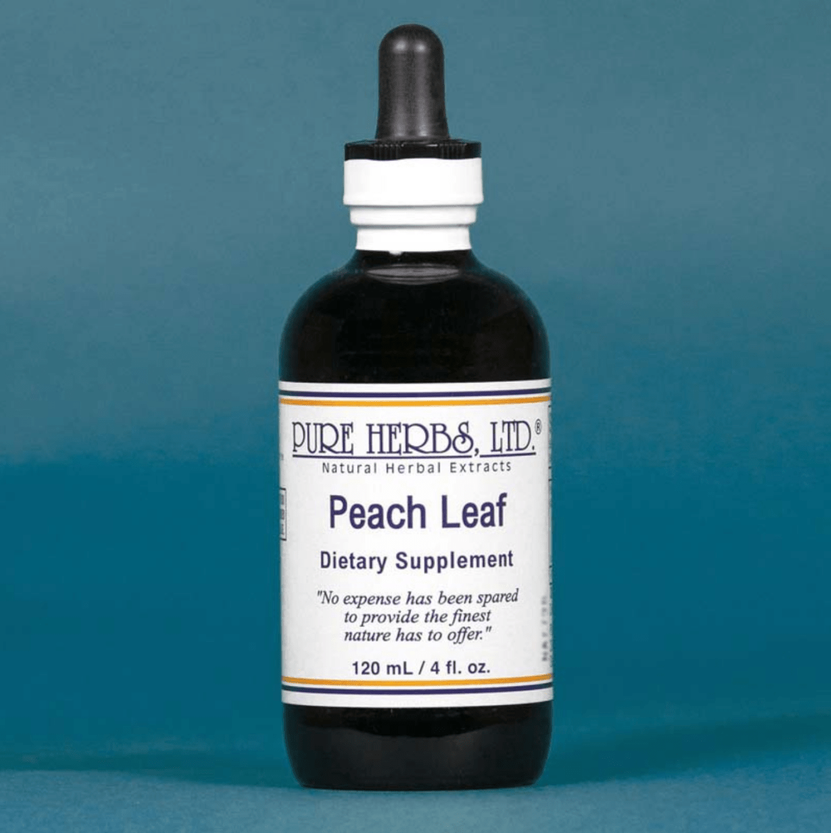 A bottle of Pure Herbs, Ltd. Peach Leaf dietary supplement, featuring a dark amber glass bottle with a black dropper cap and a white label, set against a solid blue background.