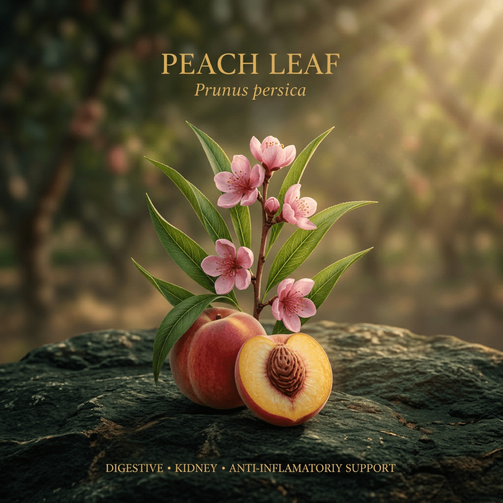 Peach leaf editorial image in golden orchard light