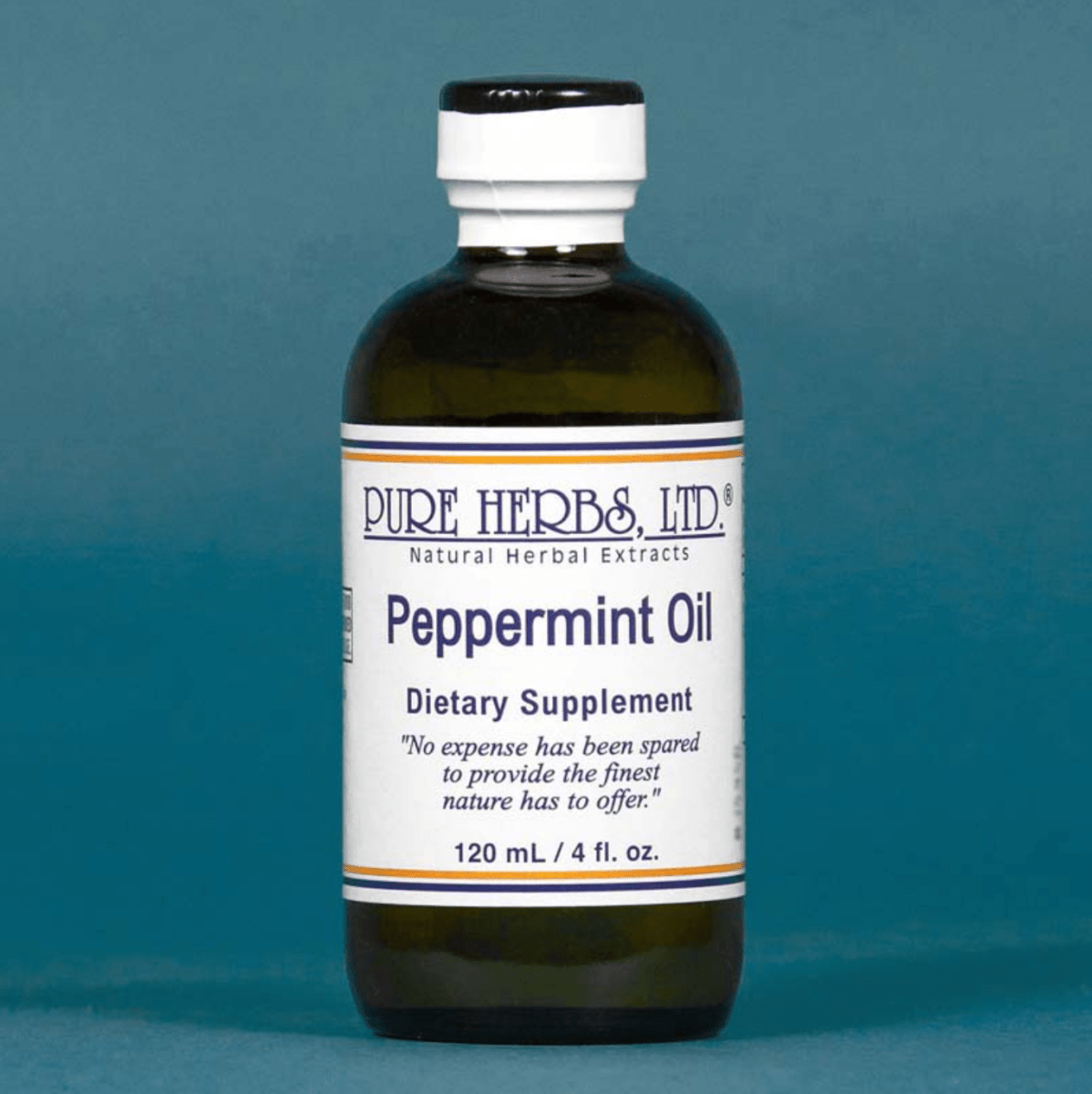 A 120 mL bottle of Pure Herbs, Ltd. Peppermint Oil dietary supplement, featuring an amber glass bottle, white cap, and a white label with blue and orange text, set against a solid blue background.
