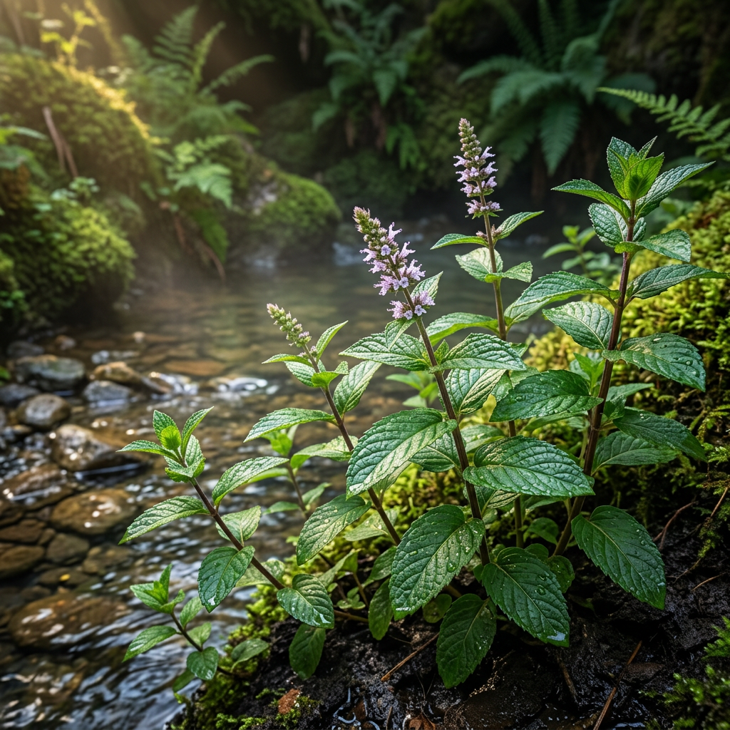 Peppermint growing beside a moss-lined garden stream