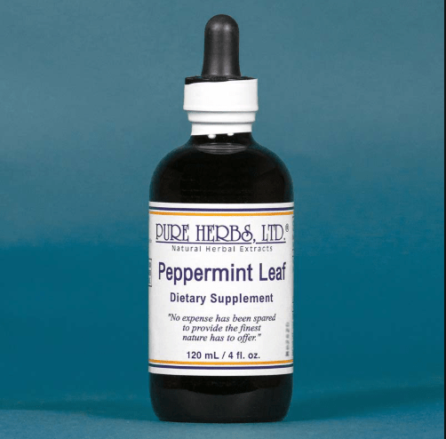 A 120 mL amber glass dropper bottle of Pure Herbs Ltd. Peppermint Leaf Dietary Supplement, featuring a white label and black dropper cap, set against a solid blue background.