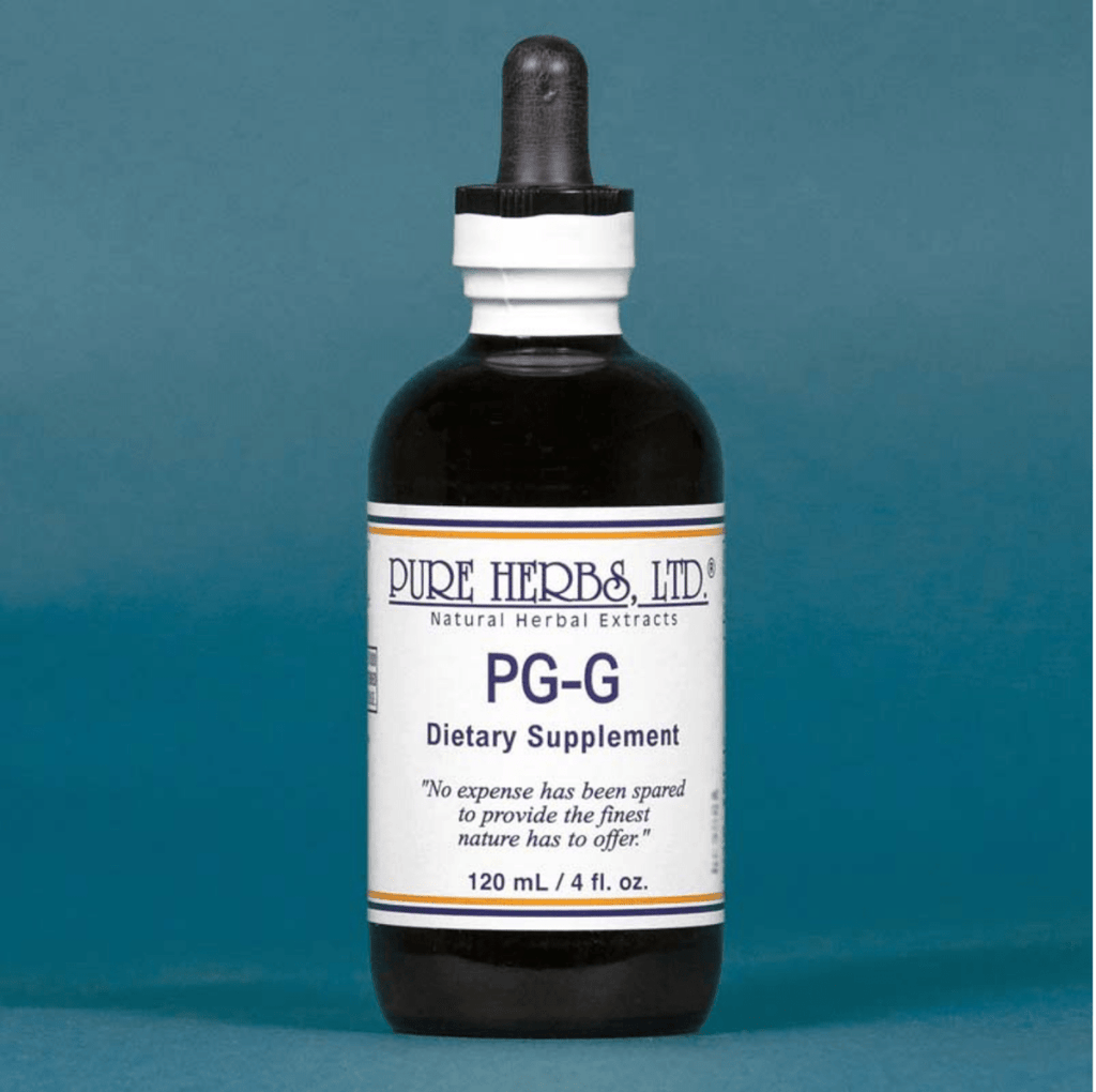 A dark amber glass bottle of Pure Herbs Ltd. PG-G Dietary Supplement with a white label and black dropper cap, set against a solid teal-blue background.