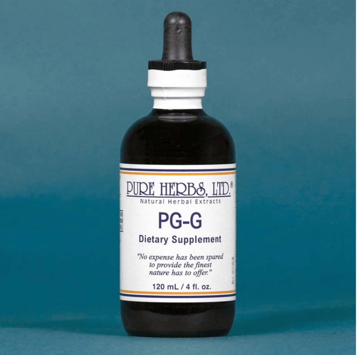 A dark amber glass bottle of Pure Herbs Ltd. PG-G Dietary Supplement with a white label and black dropper cap, set against a solid teal-blue background.