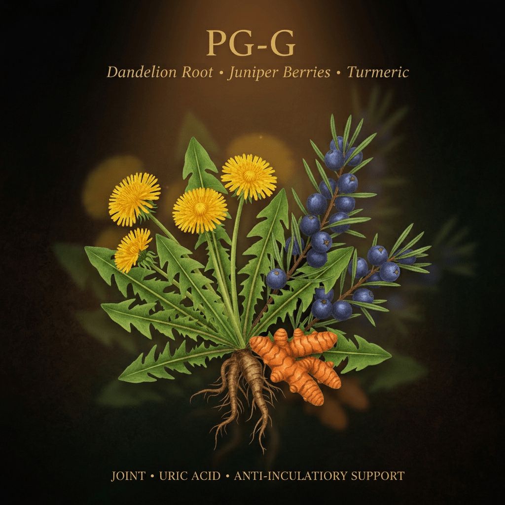 PG-G botanical editorial image with gold serif text