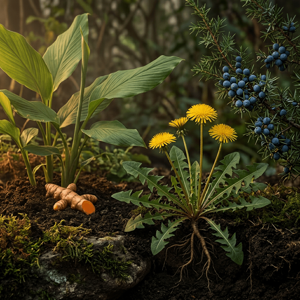 Dandelion, juniper, and turmeric in a moody natural setting