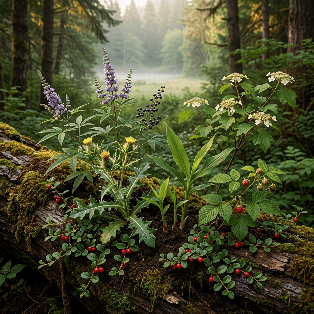 PN-W botanicals in a misty woodland clearing