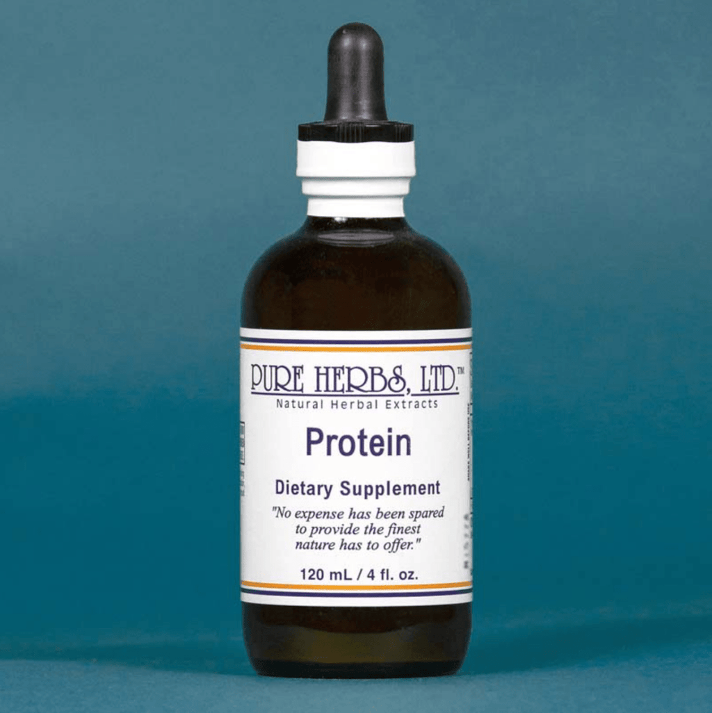 A 120 mL amber glass dropper bottle of Pure Herbs Ltd. Protein dietary supplement, featuring a white label with blue and orange text, set against a solid teal-blue background.