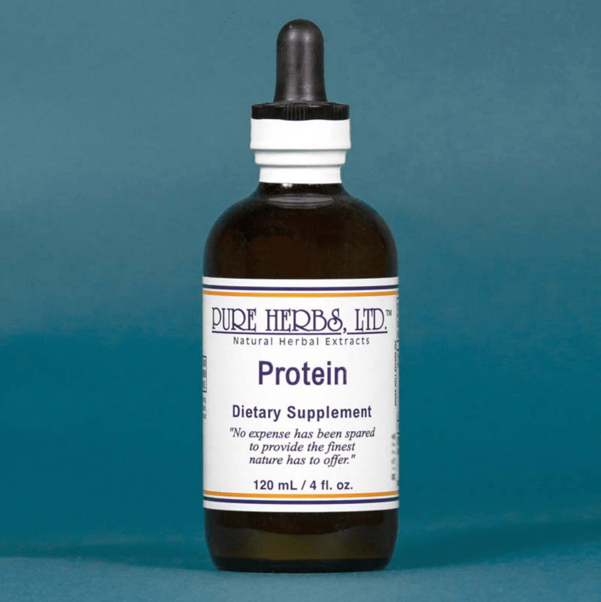 A 120 mL amber glass dropper bottle of Pure Herbs Ltd. Protein dietary supplement, featuring a white label with blue and orange text, set against a solid teal-blue background.