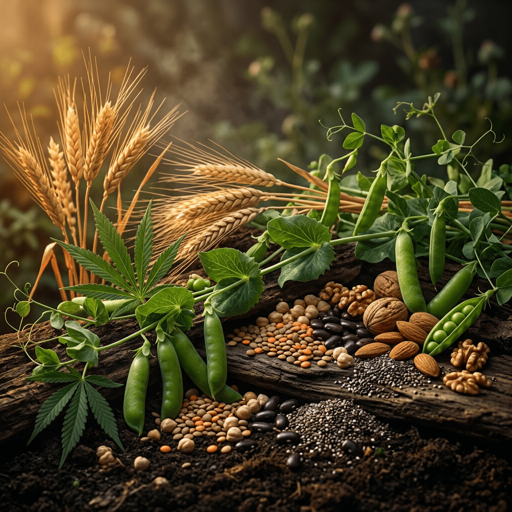 Protein-rich food motifs in a moody garden-and-harvest scene