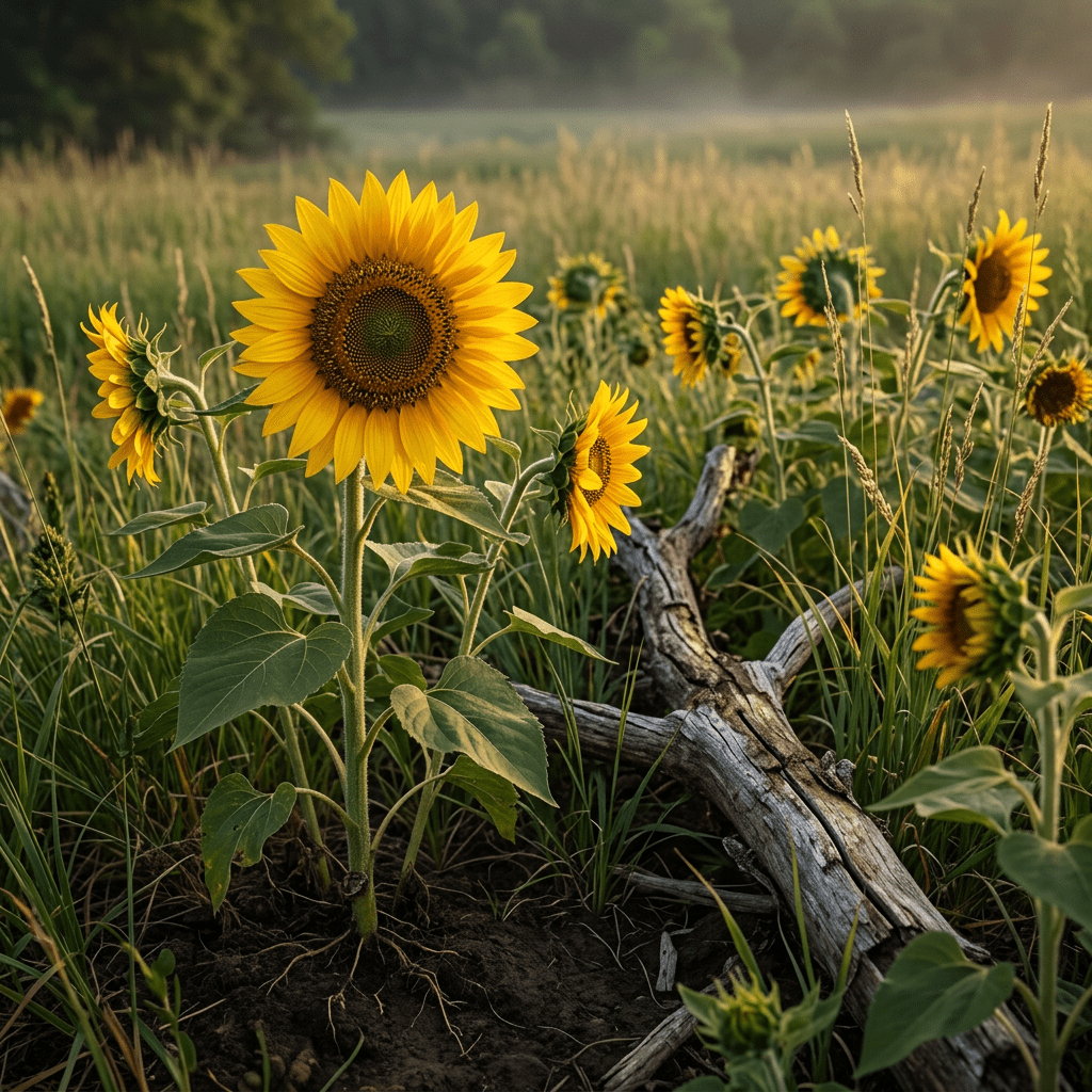 Sunflowers growing at a golden-lit prairie edge