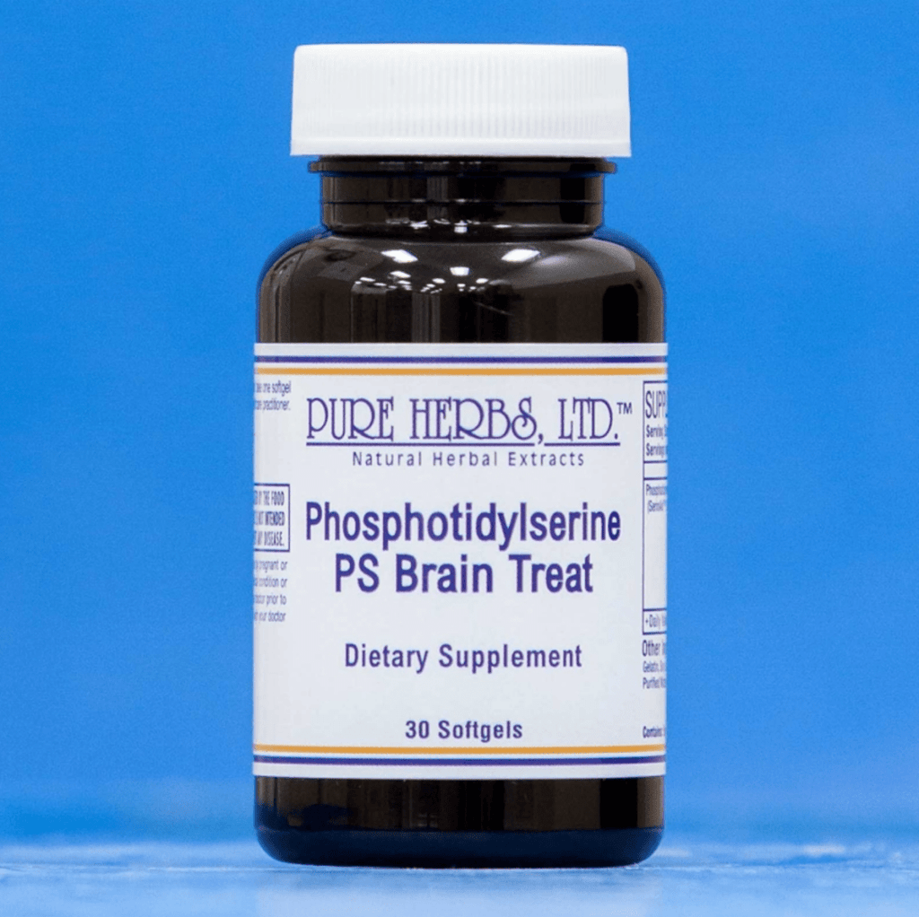 A dark amber bottle of Pure Herbs, Ltd. Phosphotidylserine PS Brain Treat dietary supplement with a white cap and white label, set against a solid blue background.