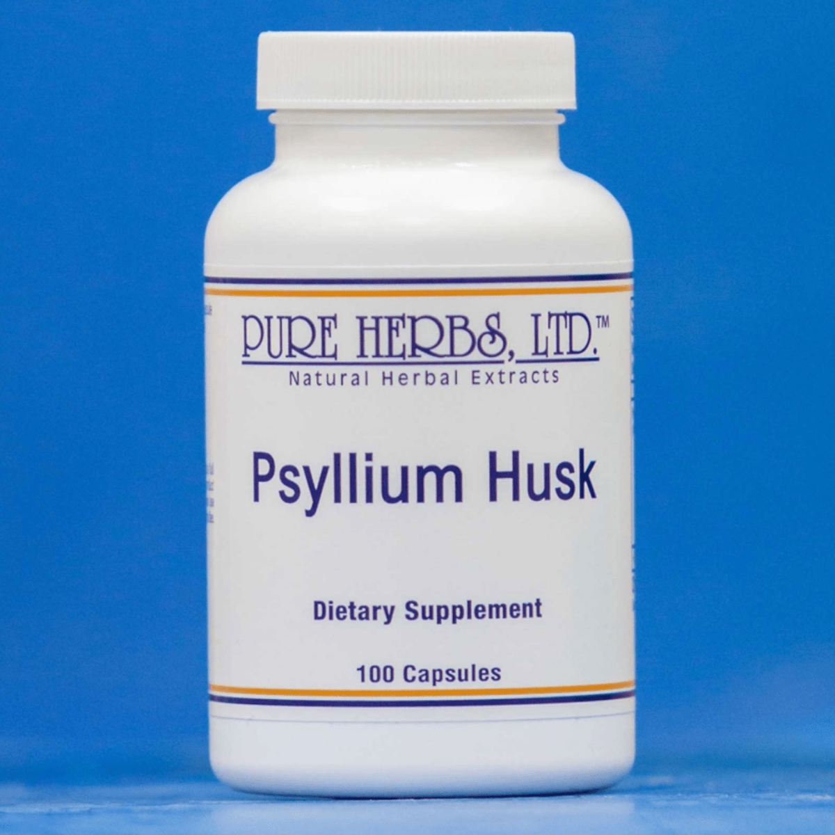 A white plastic bottle of Pure Herbs Ltd. Psyllium Husk dietary supplement, containing 100 capsules, set against a solid blue background.