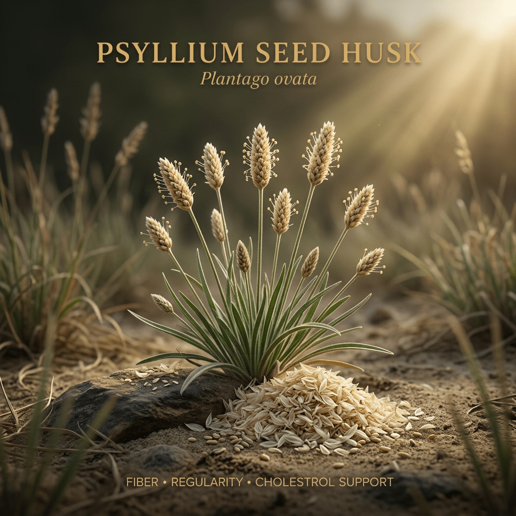 Psyllium seed husk editorial image in golden field light