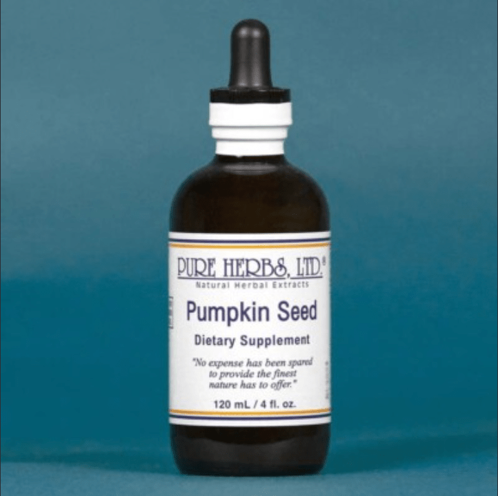 A 120 mL amber glass dropper bottle of Pure Herbs & Ltd. Pumpkin Seed Dietary Supplement, featuring a white label with blue text and a black dropper cap, set against a solid teal-blue background.
